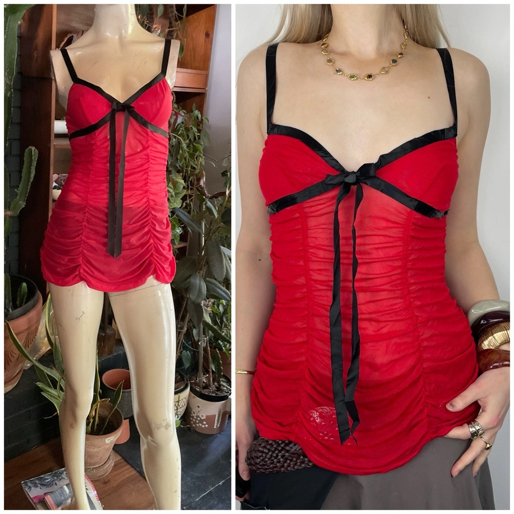 Y2k Victorias Secret Cherry Red strappy Mesh sheer ruched Babydoll Slip